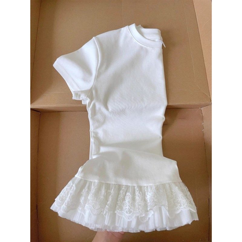 大码胖mm花边拼接正肩短袖t恤女夏季修身显瘦设计感休闲百搭上衣