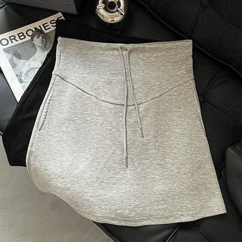 孕妇裙子抽绳短裙女夏春秋季小个子百搭灰色包臀A字托腹半身短裙