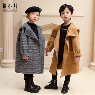 儿童双面呢大衣100%纯羊毛连帽宽松秋冬装男女童洋气羊绒毛呢外套