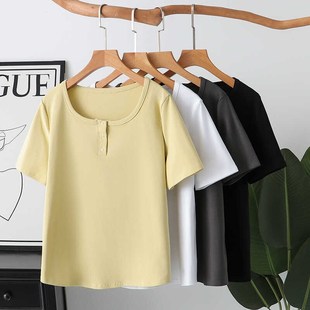 设计感方领钉扣短袖T恤200斤胖mm宽松遮肚子显瘦正肩上衣大码女装
