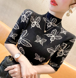 2023早春新款上衣半高领针织衫女内搭春装女款修身半袖打底衫短款