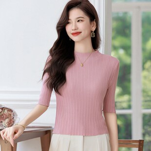中袖薄款针织衫秋季女装2024新款小个子短款毛衣内搭半高领打底衫