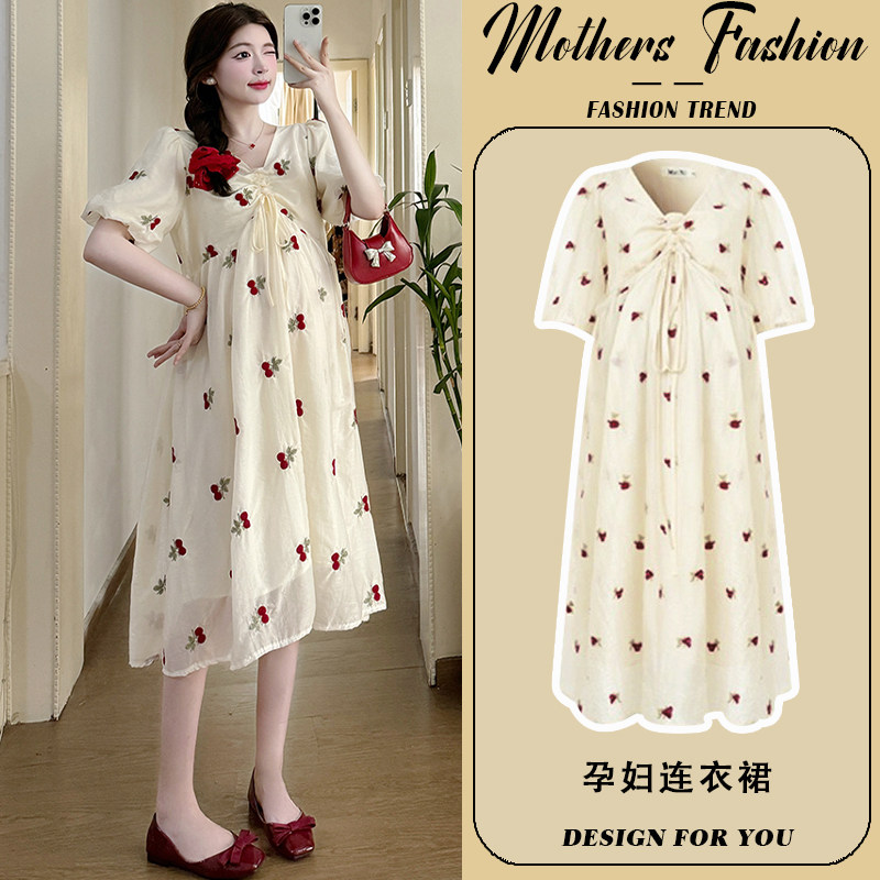 孕妇连衣裙2025新款夏抽绳V领泡泡袖薄款法式时尚宽松遮肚中长款,孕妇装/孕产妇用品/营养,连衣裙,淘宝优惠券,粉丝福利购,淘宝优惠卷