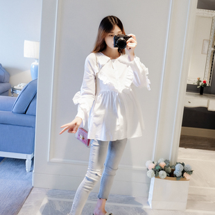 孕妇春装衬衫2022新款时尚款白色纯棉孕妇衬衣短款韩版荷叶边上衣