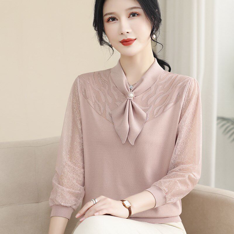 年轻妈妈春装洋气质小衫薄中年女宽松针织衫套装夏季冰丝纱袖T恤