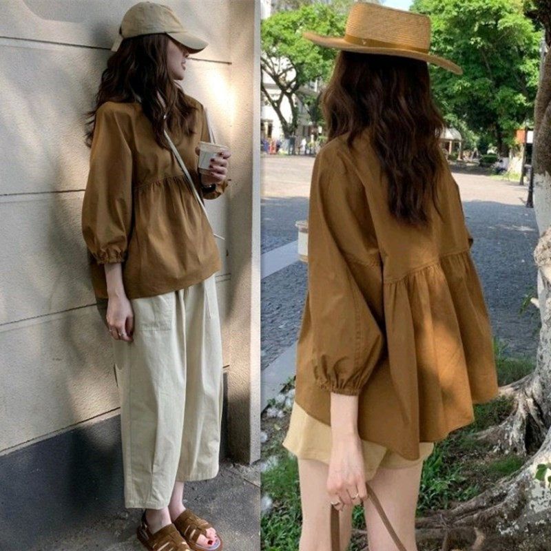 孕妇上衣夏装娃娃衫遮肚子套装夏款时尚洋气时髦小个子夏季两件套