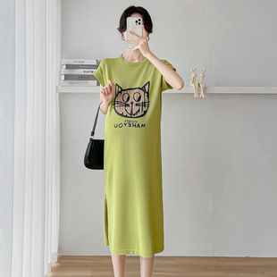 孕妇夏装连衣裙大胸纯棉大码韩版小个子遮肚卡通印花外出哺乳裙子