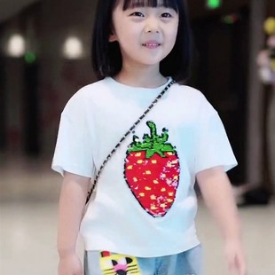 亮片女童短袖衣服夏季白色T恤小大儿童变色上衣草莓纯棉圆领新款