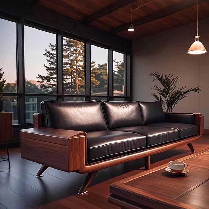 新中式实木客厅沙发高档黑胡桃木现代简约小户型直排真皮三人位