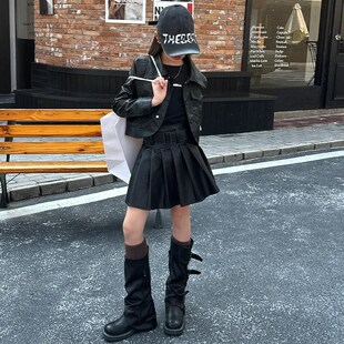 女童套装秋冬加绒保暖2024新款辣妹儿童小皮衣外套百褶皮裙两件套