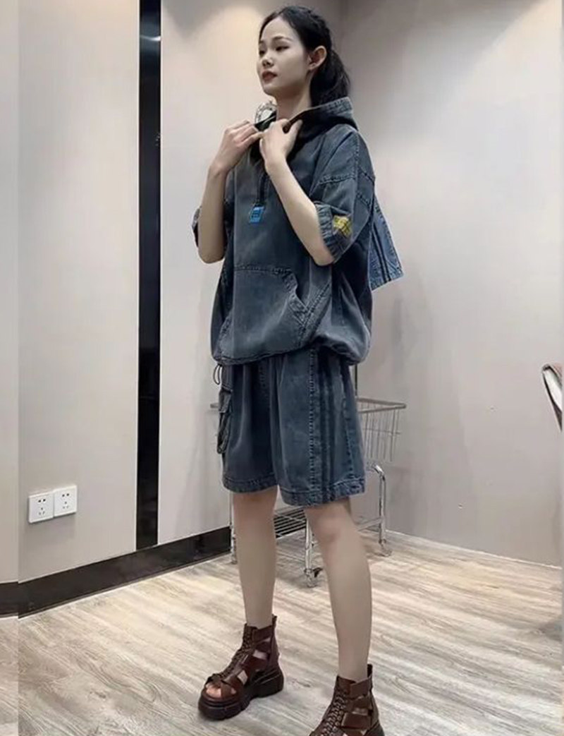 牛仔连帽短裤套装女夏季新款短袖宽松印花卫衣显瘦洋气休闲短裤潮