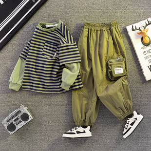 中童装男童春装套装2023新款洋气时髦儿童运动条纹卫衣大童春秋季