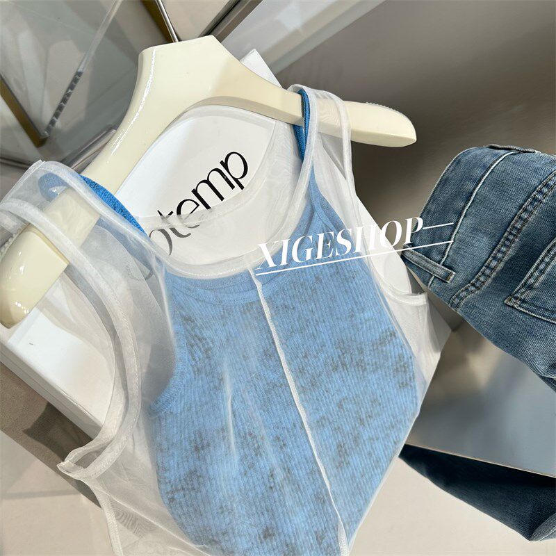 网纱吊带背心女流行层次感叠穿圆领套头短款小衫内搭外穿纯欲辣妹