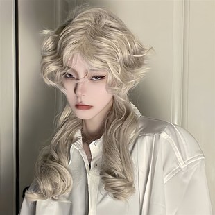 浅金长发假发男卷发拖尾水母头全头套式高层次狼尾发动漫拍照头套