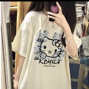 美式复古纯棉短袖t恤女大童初中高中学生夏季新款洋气宽松上衣潮