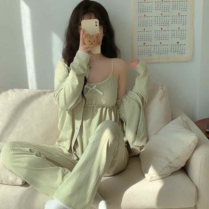 睡衣女款春秋季2024新款吊带三件套带胸垫一体长袖V家居服夏天薄