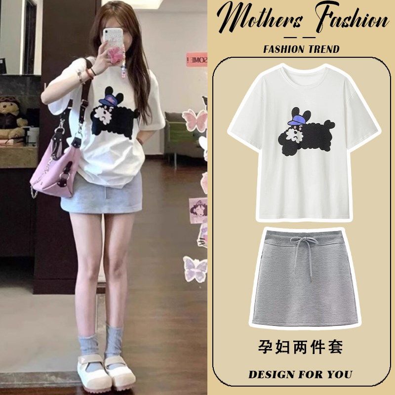 孕妇连衣裙套装夏季2025新款韩版时尚圆领印花短袖上衣短裙两件套