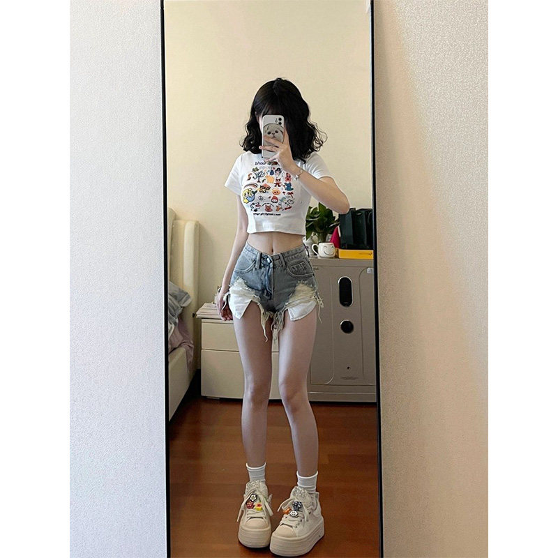 美式辣妹破洞牛仔短裤女夏季2024新款a字显瘦毛边高腰阔腿裤热裤