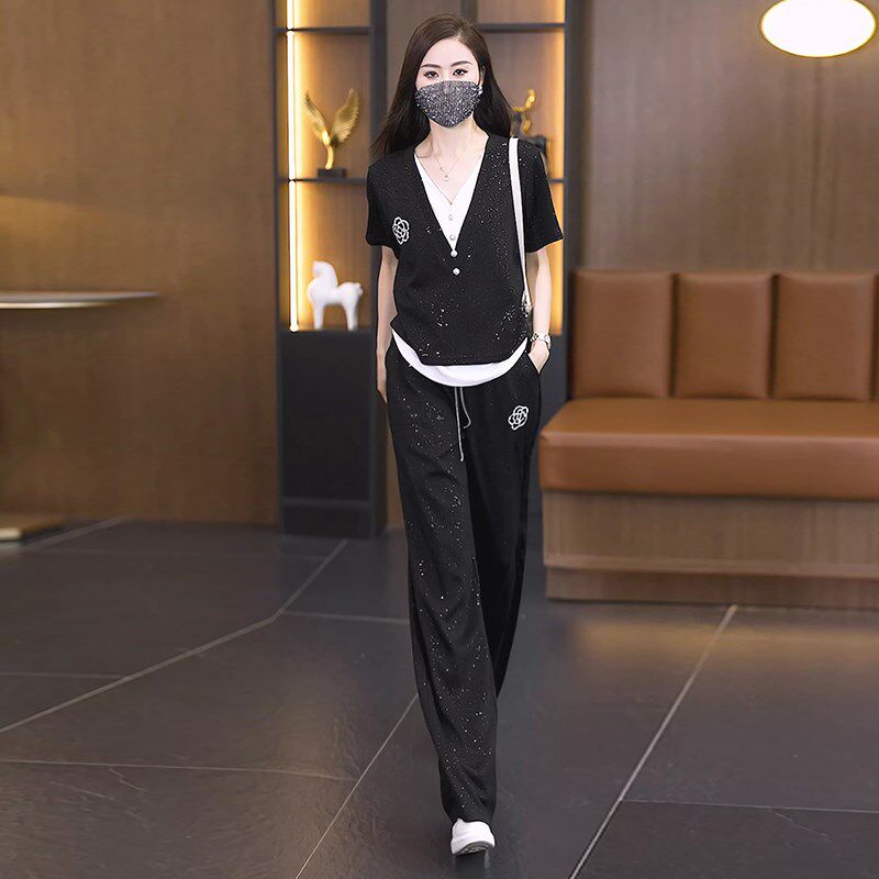 休闲套装女2025新款夏季薄款欧货时尚洋气大码胖mm遮肉运动两件套