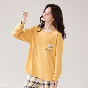 春秋季女士睡衣单件上衣纯棉长袖纯色打底衫圆领家居服上装可外穿