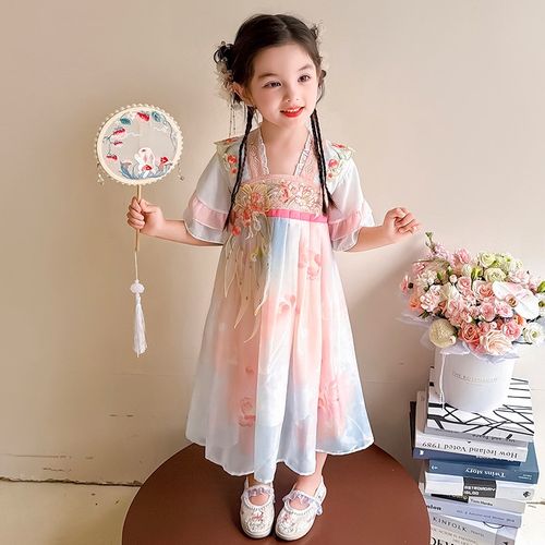 女童夏季古风花朵汉服连衣裙2025新款小女孩六一表演服儿童裙子夏