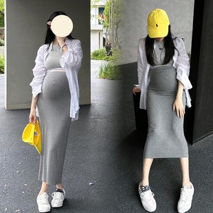 无托腹孕妇针织半身裙子女夏w春秋季小个子中长款弹力直筒包臀长