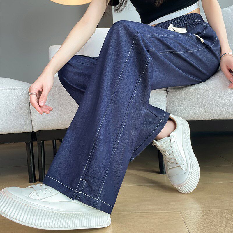 窄版阔腿裤女直筒夏季薄款九分小个子显瘦高腰软牛仔裤休闲运动裤