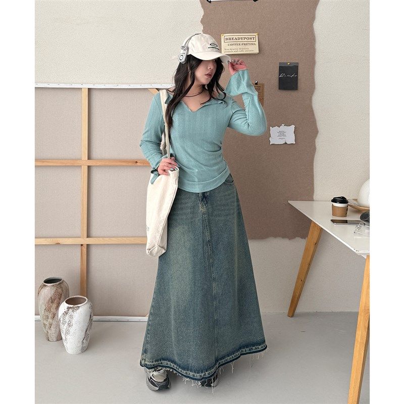 CV大码女装春季新款复古设计感做旧毛边牛仔裙半身裙女胖妹妹mm