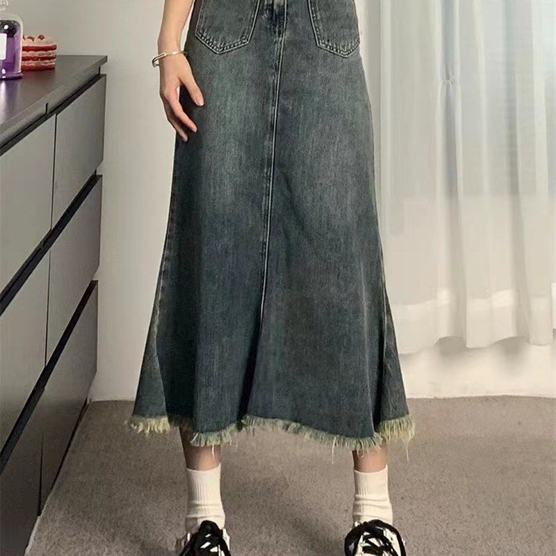 复古牛仔半身裙女秋冬美式大码胖mm高腰宽松显瘦毛边a字鱼尾裙子
