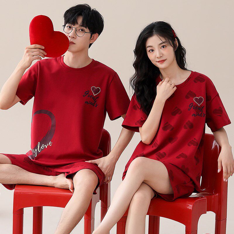 新年红色睡衣情侣夏季纯棉男短袖短裤套装薄款爱心带胸垫家居服女