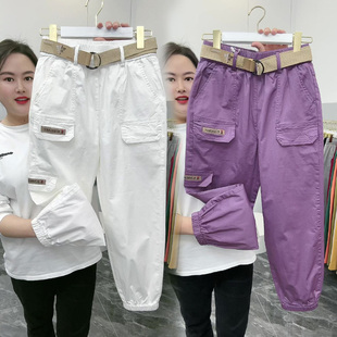 2023新款夏季休闲裤宽松显瘦八分九分工装裤女束脚哈伦裤高腰薄款