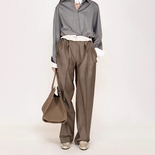 拼接拖地裤 ROW风 女休闲烟管西裤 精纺羊毛高腰直筒阔腿裤 子 春秋季