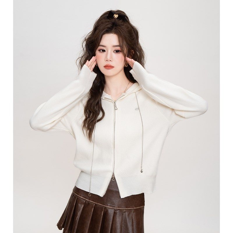 韩版时尚针织连帽卫衣开衫外套女春装新款内搭气质小个子短款上衣