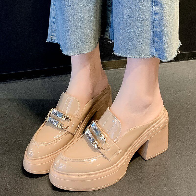 10cm高跟厚底半拖鞋女2025新款外穿真皮包头凉拖鞋小个子松糕拖鞋