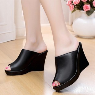 坡跟凉拖鞋女夏鱼嘴试衣间v高跟厚底防水台一字拖女真皮拖鞋室外