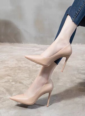 裸色高跟鞋女细跟2l022年新款春秋法式气质尖头少女网红单鞋黑色