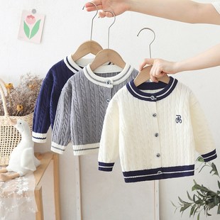 儿童麻花毛衣男童开衫外套秋冬小童圆领毛线衣复古上衣宝宝针织衫