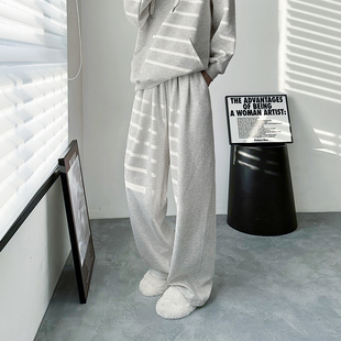 加绒阔腿裤女秋冬季胖mm宽松显瘦遮肉休闲裤大码浅灰色垂感运动裤
