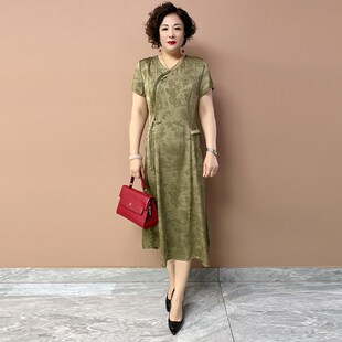 新中式妈妈真丝裙子夏季新款老年人短袖国风暗纹提花连衣裙长裙女