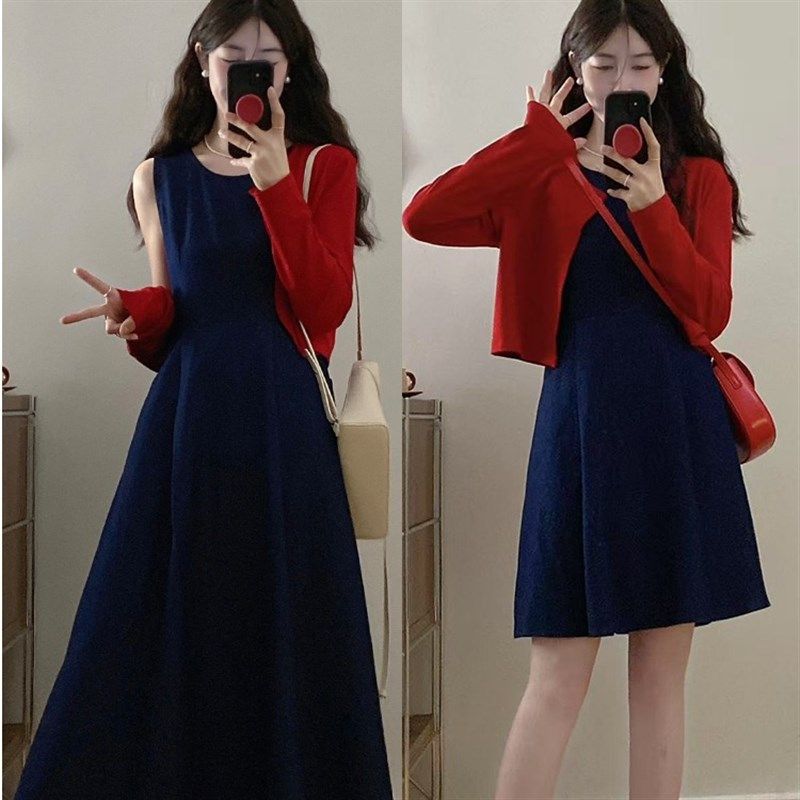 MM谢谢家大码女装胖mm新款牛仔背心收腰连衣裙+长袖披肩两件套潮