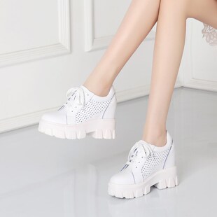 10CM厚底内增高女鞋高跟坡跟单鞋真皮镂L空透气小白鞋小个子松糕