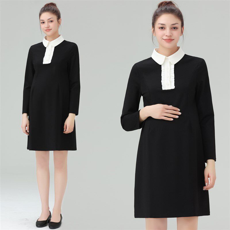 2025春季新款孕妇装小个u子白色拼黑色连衣裙女职业面试中长款工