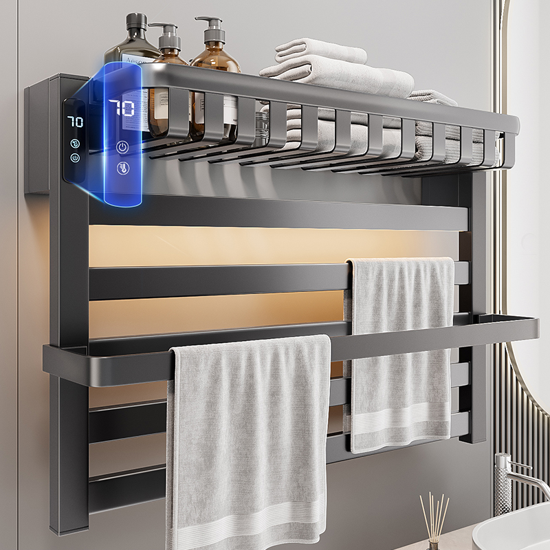 枪灰电热毛巾架卫生间家用智能免打孔浴巾加热烘干浴室置物架挂架