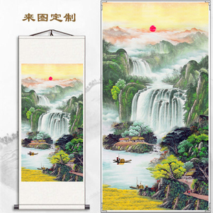 客厅聚宝盆招财竖山水画办公室山流水靠山壁画丝绸卷轴字挂画
