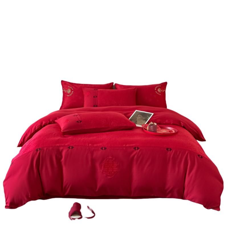 新中式玫瑰提花100支婚庆四件套大红色被套结T婚床上用品婚嫁,床上用品,婚庆床品套件,淘宝优惠券,粉丝福利购,淘宝优惠卷