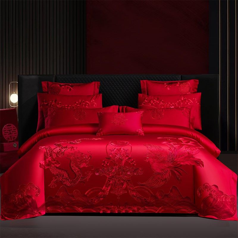 180支长绒棉婚庆四件套大红龙凤刺绣全棉L结婚床上用品新婚房喜被,床上用品,婚庆床品套件,淘宝优惠券,粉丝福利购,淘宝优惠卷