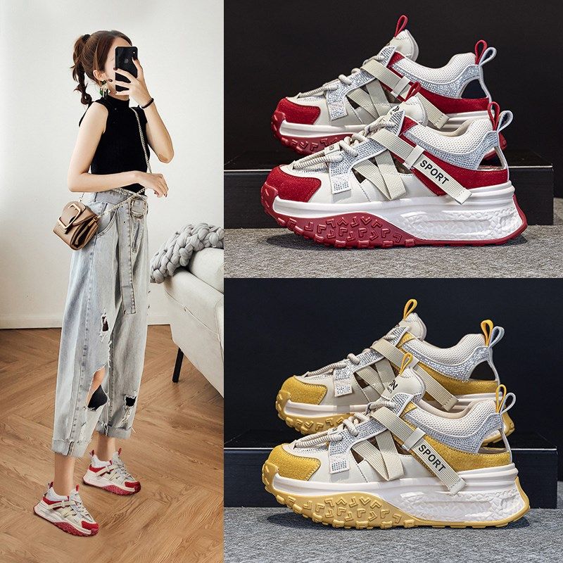 包头凉鞋女内增高夏季新款2025年超火I透气网面镂空厚底休闲老爹,女鞋,休闲凉鞋,淘宝优惠券,粉丝福利购,淘宝优惠卷