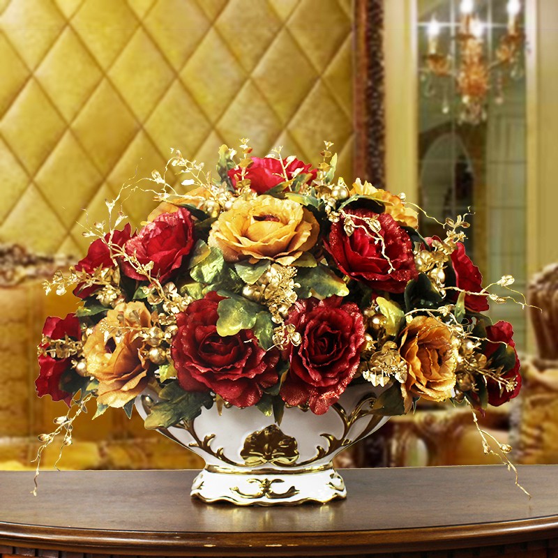 客厅仿真花d套装假花装饰绢花玫瑰餐桌摆件盆栽欧式花瓶插花艺摆