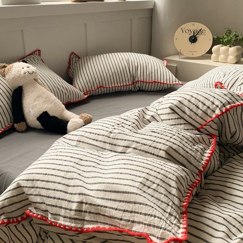 A类色织全棉水洗棉撞色四v件套夏季被套简约床品宿舍单人三件4,床上用品,床品套件/四件套/多件套,淘宝优惠券,粉丝福利购,淘宝优惠卷