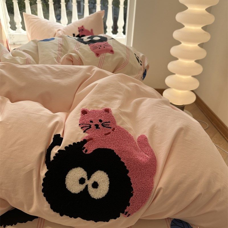 少女心煤球猫咪粉条纹o刺绣四件套1.5m1.8公寓床单被套三件套,床上用品,床品套件/四件套/多件套,淘宝优惠券,粉丝福利购,淘宝优惠卷